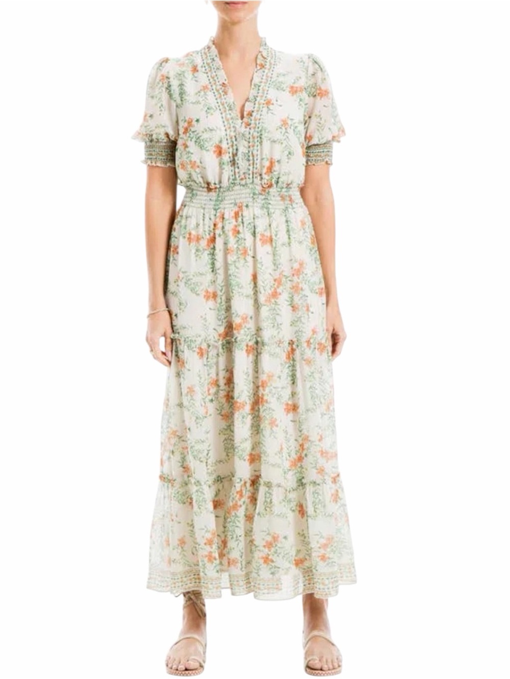 NWT Max Studio Floral Tiered Midi Dress In Cream/ Apricot Small Daisy Rose L